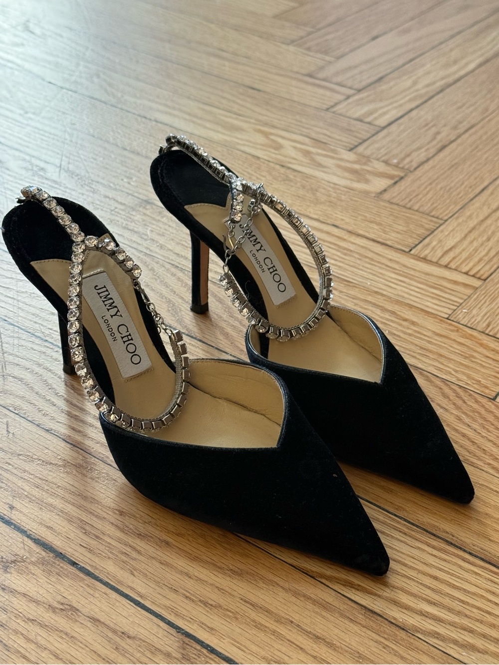 Jimmy Choo black suede crystal-ankle pointed pumps